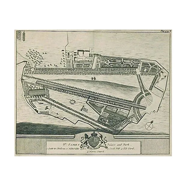 This antique, 19th century, English engraving depicts the plan of the St. James Place and park. Made out of wood, glass,...