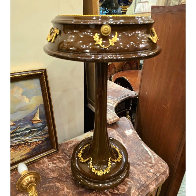 French French Style Wood Side Table With Glass Top, Gold Leaf Details & Functional Drawer For Sale - Image 3 of 5
