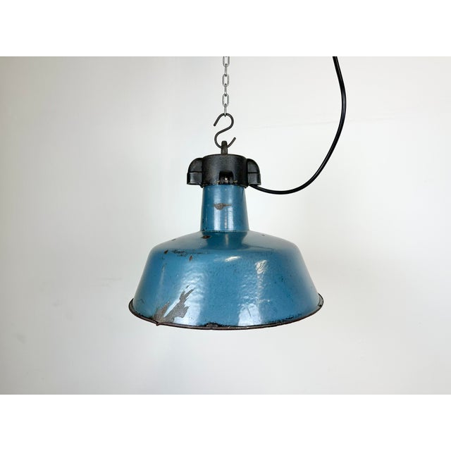 Industrial Blue Enamel Factory Lamp with Cast Iron Top, 1960s For Sale - Image 16 of 16