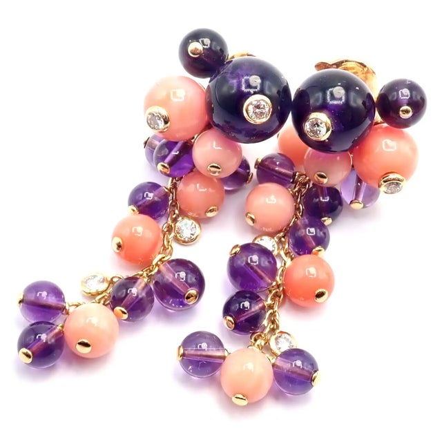 1980s Pair of Cartier Rose Gold Coral Amethyst Diamond Delices De Goa Earrings For Sale - Image 16 of 17