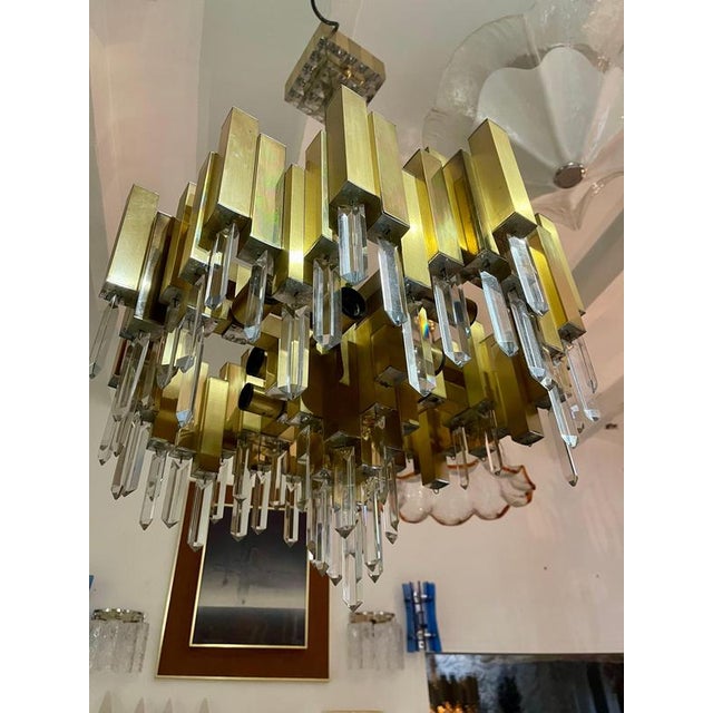 Metal Crystal and Gilt Brass Chandelier attributed to BD Lumica, Spain, 1970s For Sale - Image 7 of 9