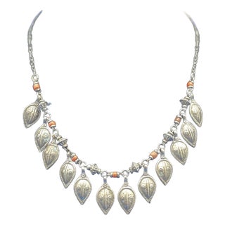 Antique Turkmen / Yemen Tribal Silver Keaf Necklace, Coral Accents. For Sale