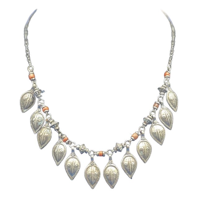 Antique Turkmen / Yemen Tribal Silver Keaf Necklace, Coral Accents. For Sale