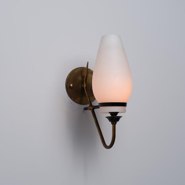 Metal Italian Brass Black Metal and Opaline Glass Wall Sconce, 1950s For Sale - Image 7 of 8