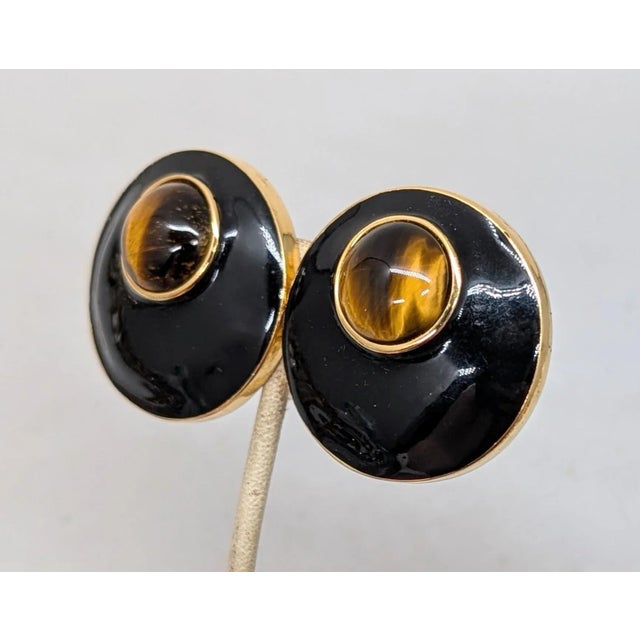 Mid-Century Modern Vintage Signed Alexis Kirk Round Goldtone Black Enamel & Cabochon Faux-Tiger's Eye Clip Earrings-2 Pieces For Sale - Image 3 of 8
