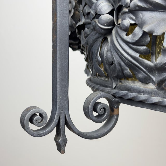 Art Nouveau Revival Wrought Iron Chandelier with Floral Stained Glass, Italy, 1950s For Sale - Image 16 of 18