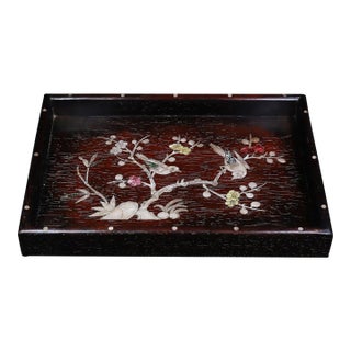 Dark Wood Tea Tray With Mother-of-Pearl Bird and Floral Inlay For Sale