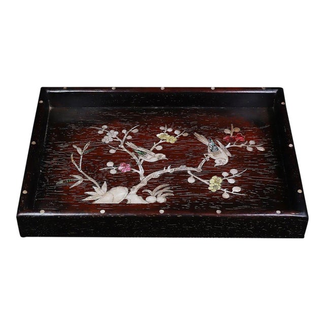 Dark Wood Tea Tray With Mother-of-Pearl Bird and Floral Inlay For Sale
