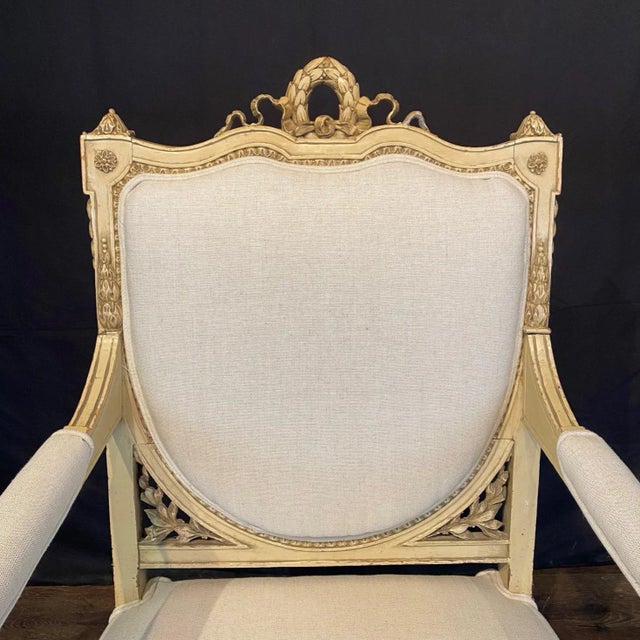 Antique Painted French Neoclassical Armchairs With New Upholstery - A Pair For Sale - Image 10 of 15