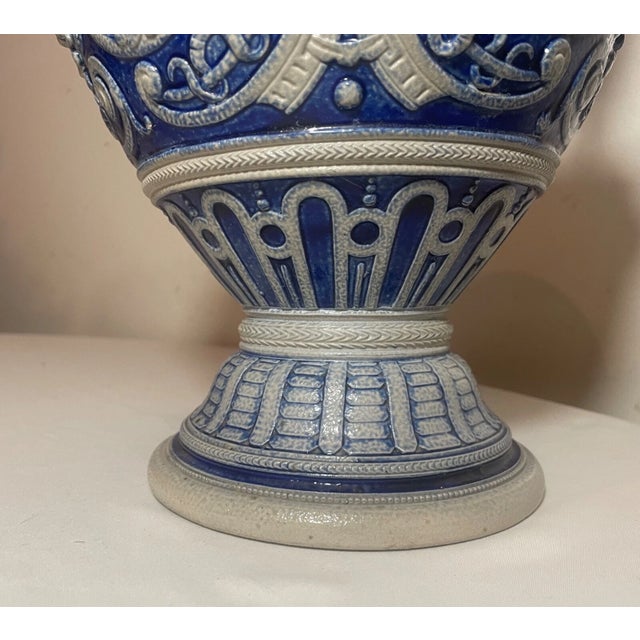 Large Antique Handmade Figural Blue Westerwald R. Hanke German Pottery Vase Jug For Sale In New York - Image 6 of 11