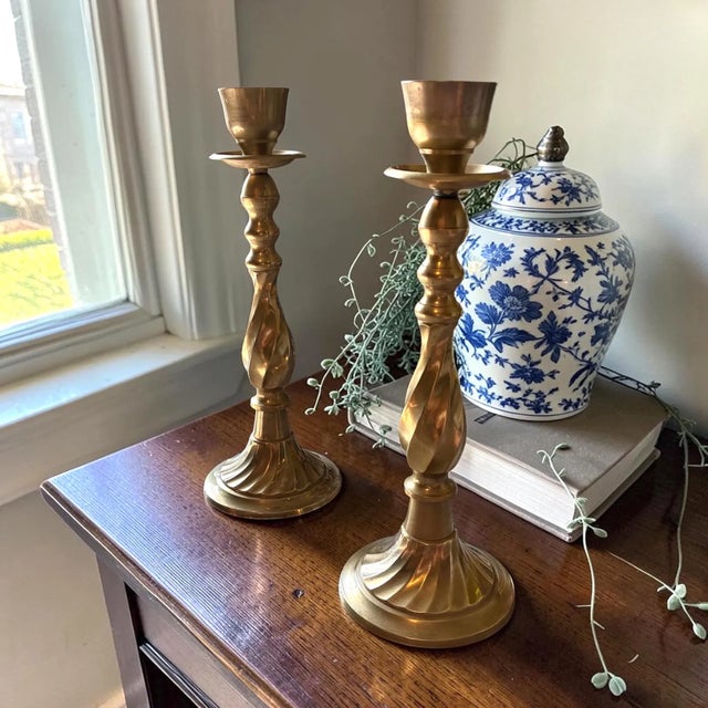 Vintage 13" Solid Brass Candlesticks – Pair | Tall Twisted Brass Taper Candle Holders | English Country | Traditional Decor For Sale - Image 4 of 8