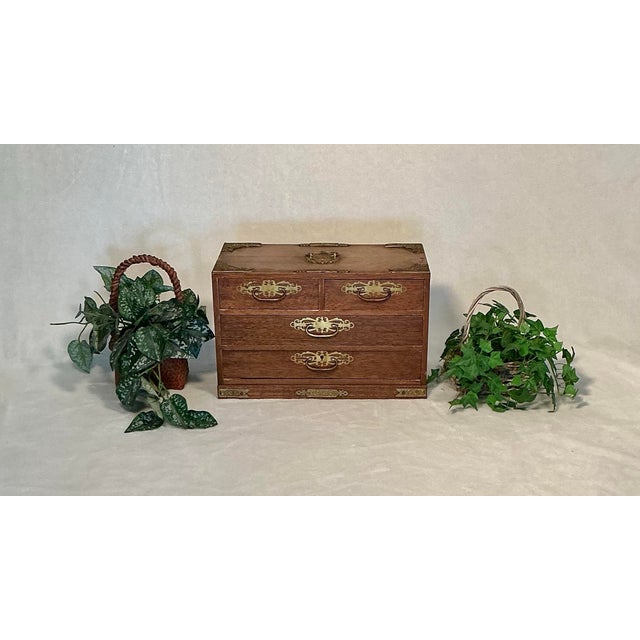 Vintage Japanese Wood Tansu Jewelry Chest With Brass Hardware, Circa 50s For Sale - Image 12 of 12