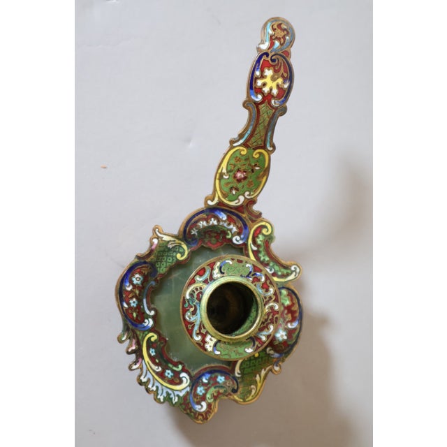 19th-Century French Champlevé Enamel Gilt Brass Candleholder With Green Onyx Inset For Sale In Raleigh - Image 6 of 8