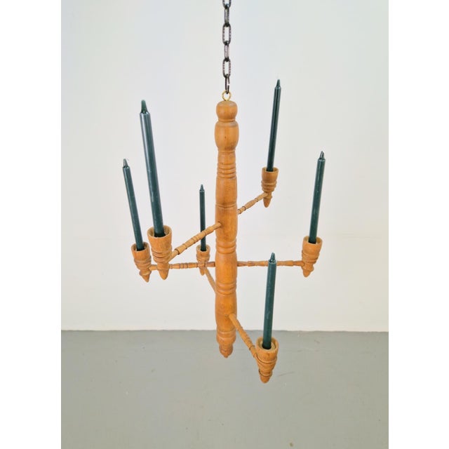 1950s Brutalist Twisted Spool Candle Chandelier in Wood, 1960s For Sale - Image 5 of 9