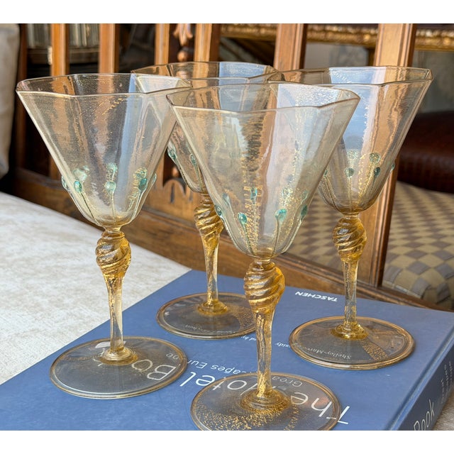 Murano Set of 4 Antique Venetian Italian Art Glass Galliano Ferro Wine Stems For Sale - Image 4 of 4