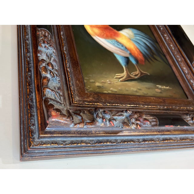 1950s Mid Century Rooster Oil Painting With Spanish Baroque Style Frame For Sale - Image 10 of 18