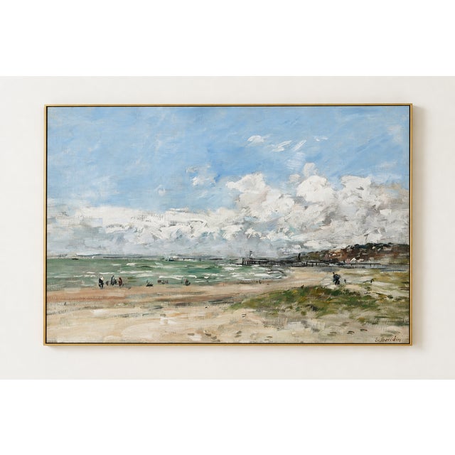 Vintage French beach art print by Eugène Boudin featuring the Deauville coast, luminous blue skies, and an atmospheric...