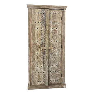 Vintage Whitewashed Carved Wood Armoire – Rustic Library Storage Cabinet For Sale