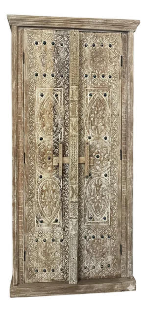 Vintage Whitewashed Carved Wood Armoire – Rustic Library Storage Cabinet