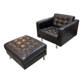 Tufted Vegan Leather Club Chair + Ottoman, Set For Sale
