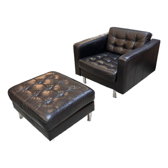 Tufted Vegan Leather Club Chair + Ottoman, Set For Sale