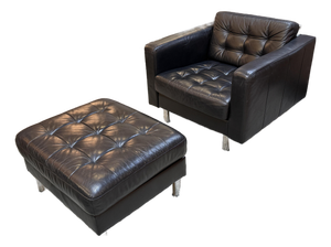 Tufted Vegan Leather Club Chair + Ottoman, Set