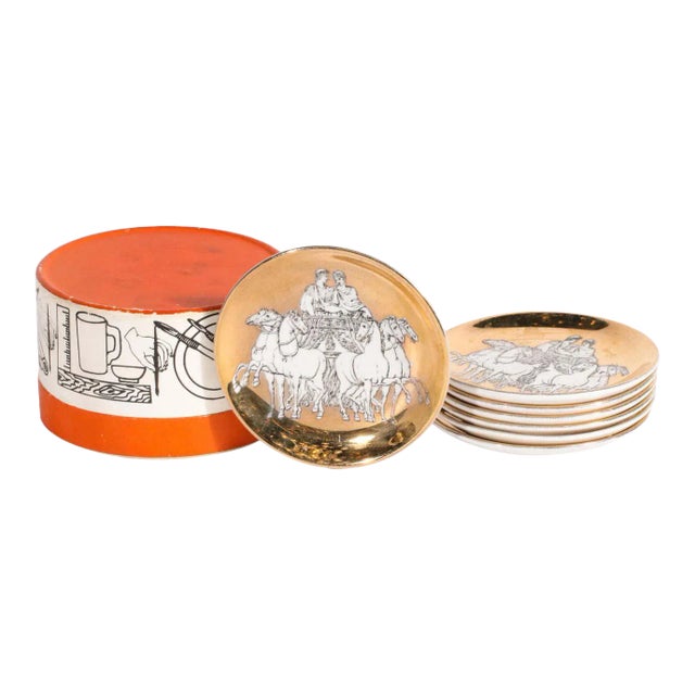 24kt Gold Plated Roman Themed Coasters Signed by Piero Fornasetti - Set of 6 For Sale