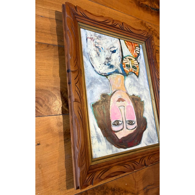 2026 Ruth Arenz Young Lady With Her Cat Painting in Vintage French Frame For Sale - Image 4 of 5