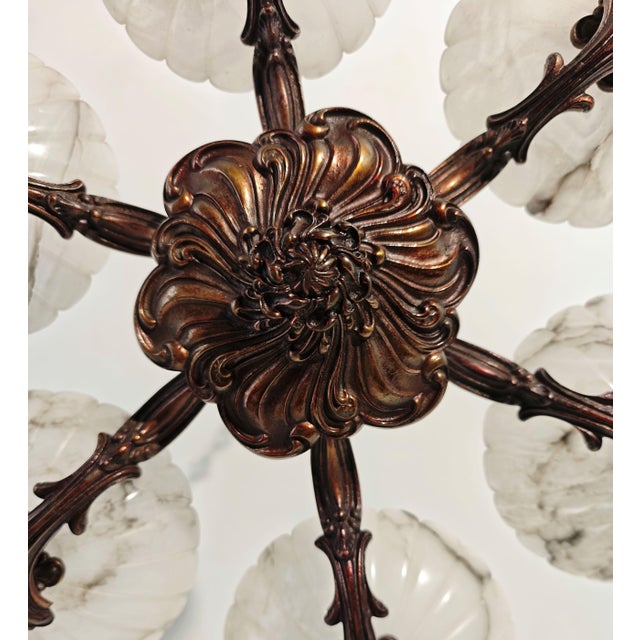 Art Deco Bronze Chandelier with Six Alabaster Lampshades, Made in Italy in the 1950s/1960s. For Sale - Image 17 of 18