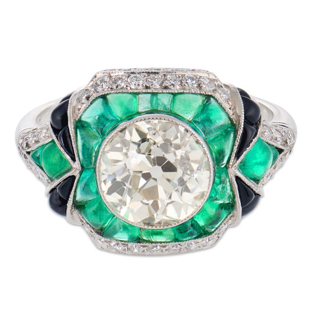 Contemporary Art Deco Style 2.05 Carat Diamond Emerald Onyx Platinum Engagement Ring, Size 6 For Sale - Image 3 of 6