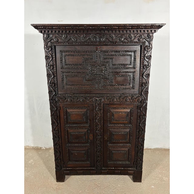 19th Century Baroque Oak Fall-Front Cabinet with Deep Carved Decoration For Sale - Image 17 of 18