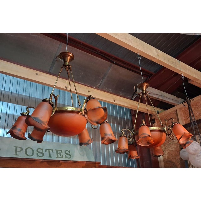 Glass Art Nouveau Chandeliers in Bronze and Orange Glass Paste, 1950s, Set of 2 For Sale - Image 7 of 9