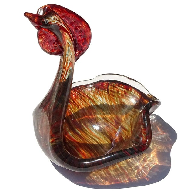 Large and rare, vintage Murano hand blown red and amber color threads decoration with iridescent surface Italian art glass...