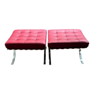Authentic Design Within Reach Barcelona Stools – Red Tufted Leather & Chrome X‑Base – Set of 2 For Sale