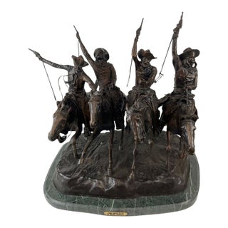 Late 20th Century After Frederic Remington Large Bronze Statue Coming Thru the Rye, on Marble Base For Sale