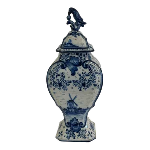 19th Century Delft Lidded Blue & White Vase