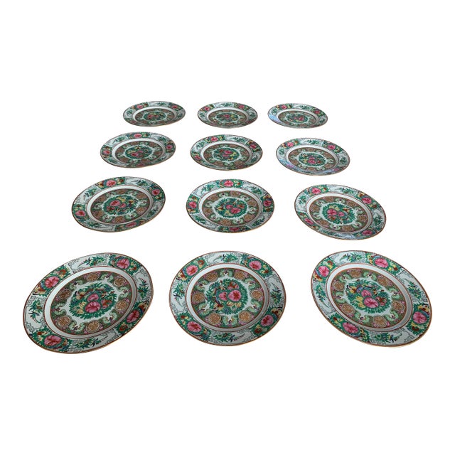 Famille Rose Medallion Hand Painted Porcelain Dinner Plates Set of 12 For Sale