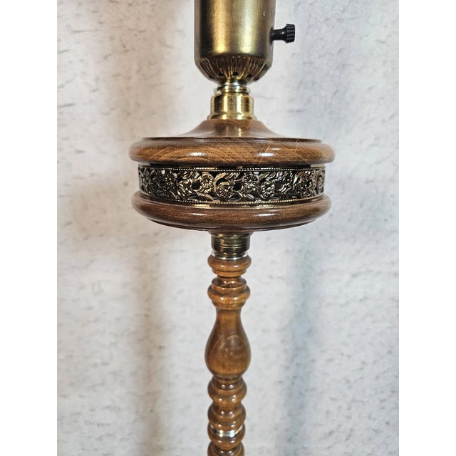Vintage MCM Torchiere Style Wooden & Brass Floor Lamp Milk Glass Shade For Sale - Image 10 of 10