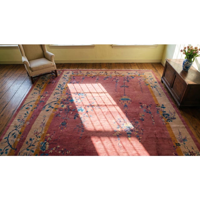 1920s Purple Floral Vase Antique Chinese Art Deco Carpet 9' X 11' 6" Knotted Wool Rug For Sale - Image 10 of 12