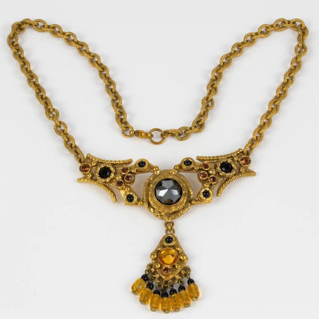 Henry Perichon Gilded Bronze Chain Necklace with Jeweled Cabochons For Sale - Image 4 of 11