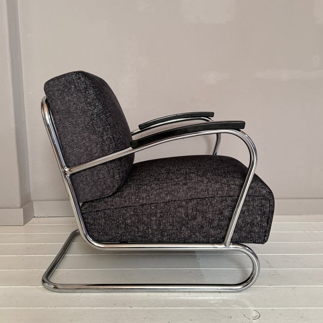 Vintage Tubular Steel Cantilever Armchair in Black Upholstery, 1930s For Sale - Image 4 of 12