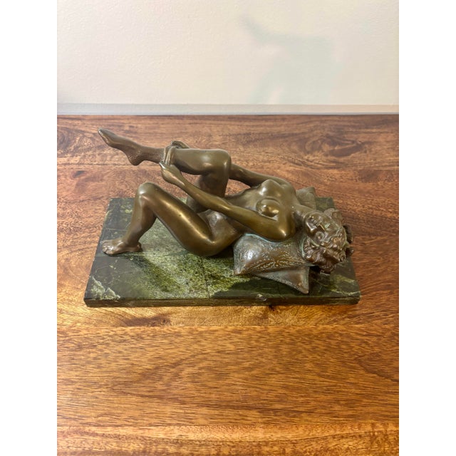 1910s Louis Chalon Bronze Nude Woman Sculpture Putting on Stockings on Marble Base For Sale - Image 9 of 11