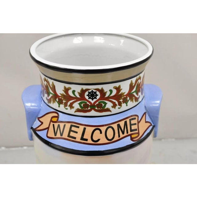 Late 20th Century Vintage Nautical Painted Lighthouse and Flag Ceramic Umbrella Cane Holder For Sale - Image 4 of 11