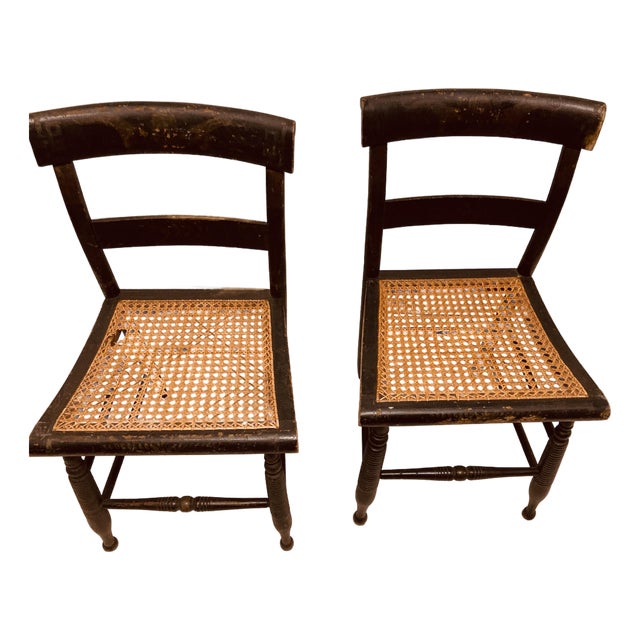 Antique Pair Hitchcock Chairs Black With Faded Greek Key Painting on Top of Chair Backs Cane Seats For Sale