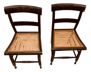 Antique Pair Hitchcock Chairs Black With Faded Greek Key Painting on Top of Chair Backs Cane Seats
