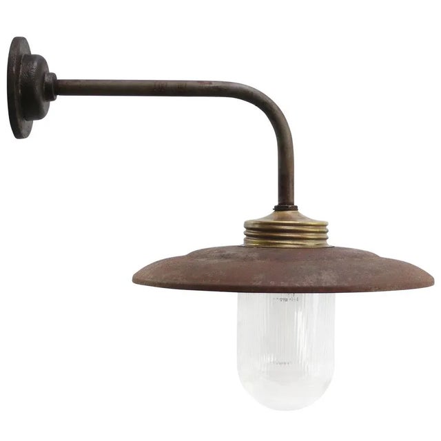 Vintage Industrial Rust Iron and Brass Glass Sconce with Clear Striped Glass Bulb For Sale - Image 6 of 6