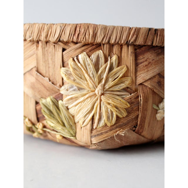 Vintage Handmade Floral Raffia Basket With Braided Handles For Sale - Image 12 of 13