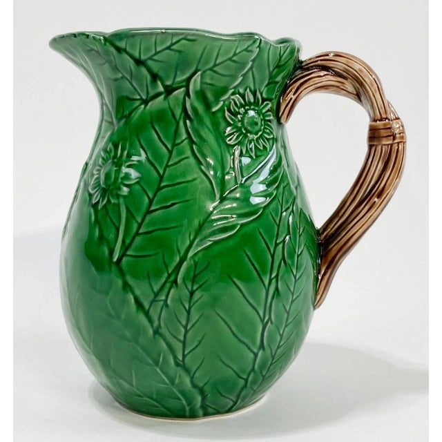 Traditional Vintage Majolica Style Green Leaf Motif Pitcher For Sale - Image 3 of 11