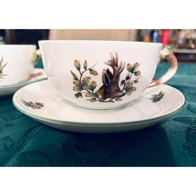 1970s Vintage Set of 4 Herend Hungary Handpainted Forest Animal Pattern 8 oz.Tea/Coffee Cups & Saucers- 2 Stag/Deer, 1 Fox and 1 Hare For Sale - Image 5 of 12