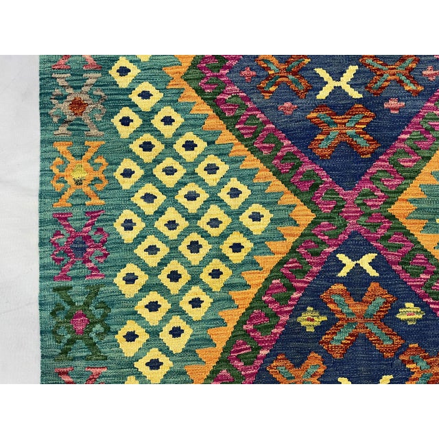 4'5" X 5'10" Green Afghan Chobi Kazak Geometric Wool Flatweave Kilim Rug For Sale - Image 10 of 16